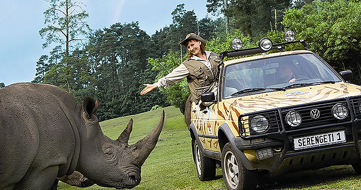 Lüneburger Heide: Ansicht Jeep im Serengeti-Park mit Nashorn